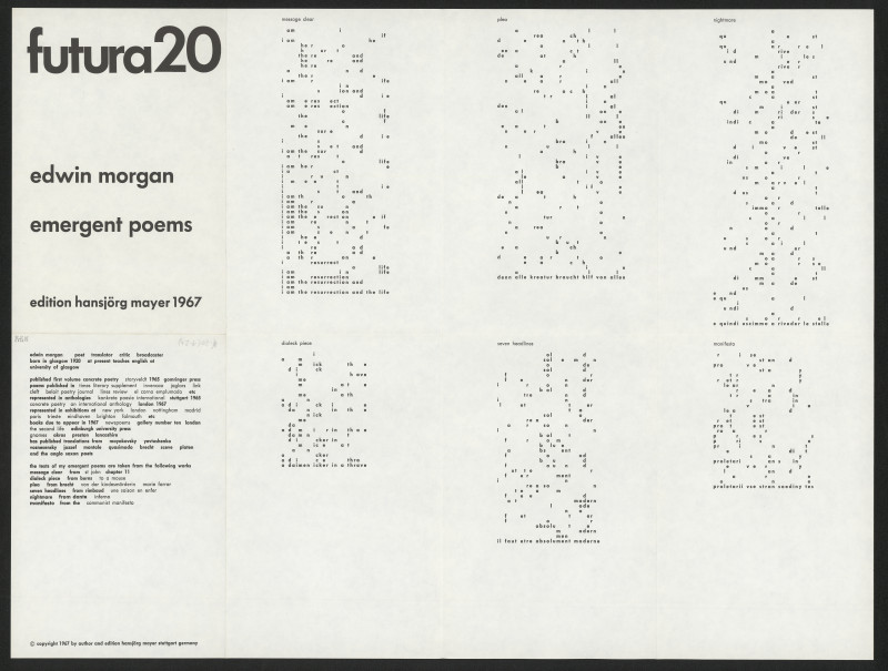 Edwin Morgan - Emergent Poems, Futura 20 edition Hansjörg Mayer, Stuttgart, Germany (1-26)