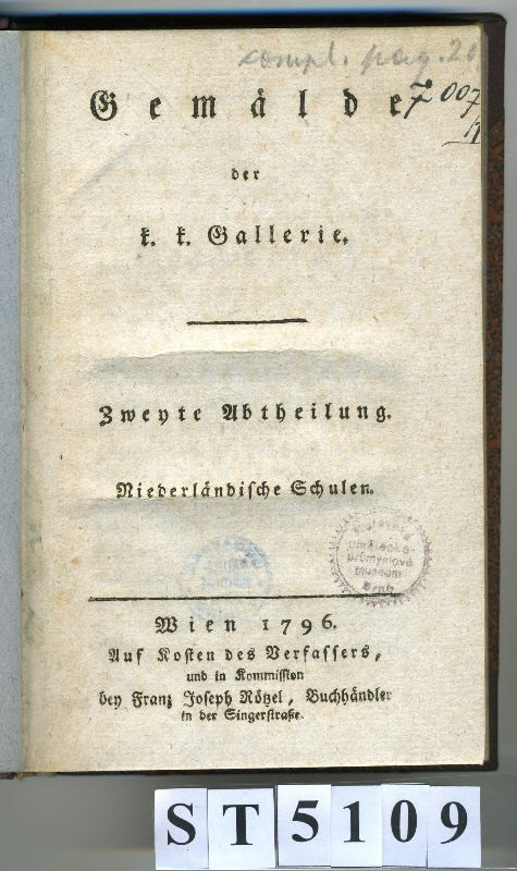 Franz  Joseph Rötzel, Andreas Schmidt, Joseph Rosa - Gemälde der k.k.Galerie. Zweyte Abteilung. Niederländische Schulen.