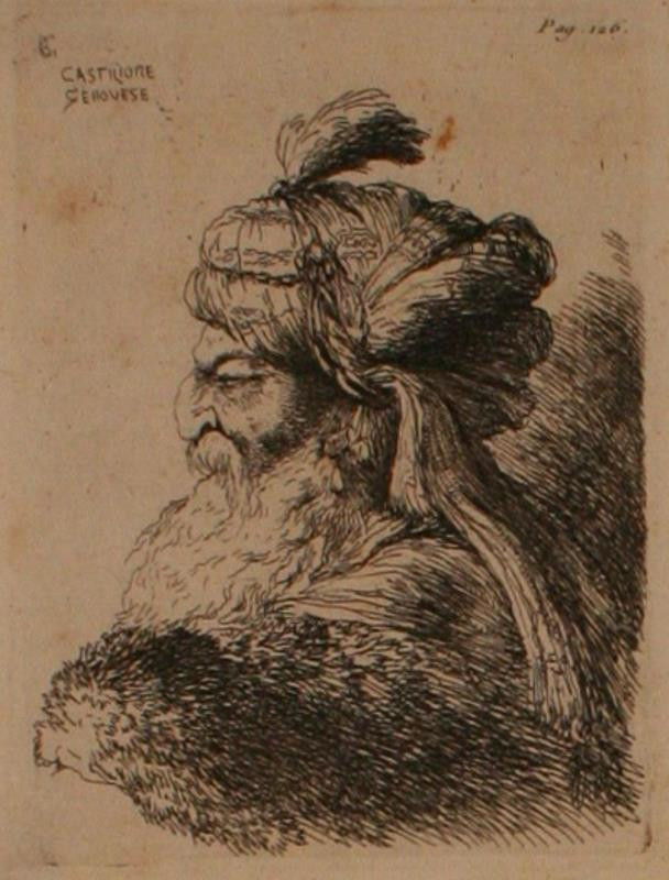 Giovanni Benedetto Castiglione zv. Il Grechetto - Hlava starce s vousem a v turbanu, 9.list z cyklu Malé mužské hlavy s orientálními účesy